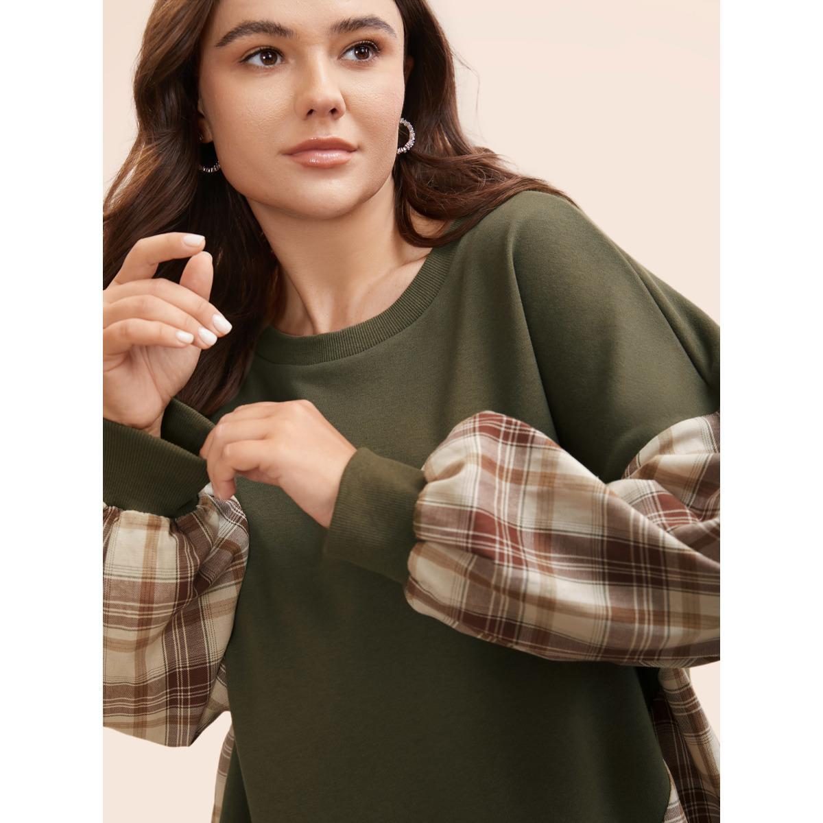 Plus Size Round Neck Gingham Patchwork Sweatshirt Women Sage Elegant Contrast Round Neck Everyday Sweatshirts BloomChic 18-20/2X Product Image
