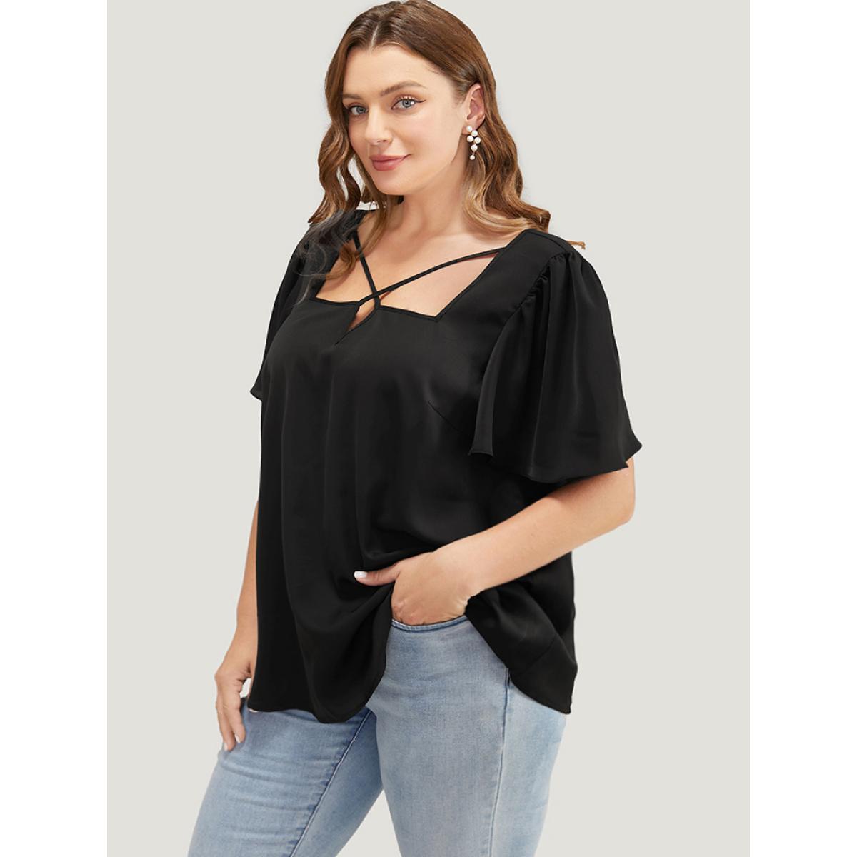 Plus Size Black Solid Crisscross Notched Square Neck Ruffle Sleeve Blouse Women Elegant Short sleeve Notched collar Dailywear Blouses BloomChic 30/6X Product Image