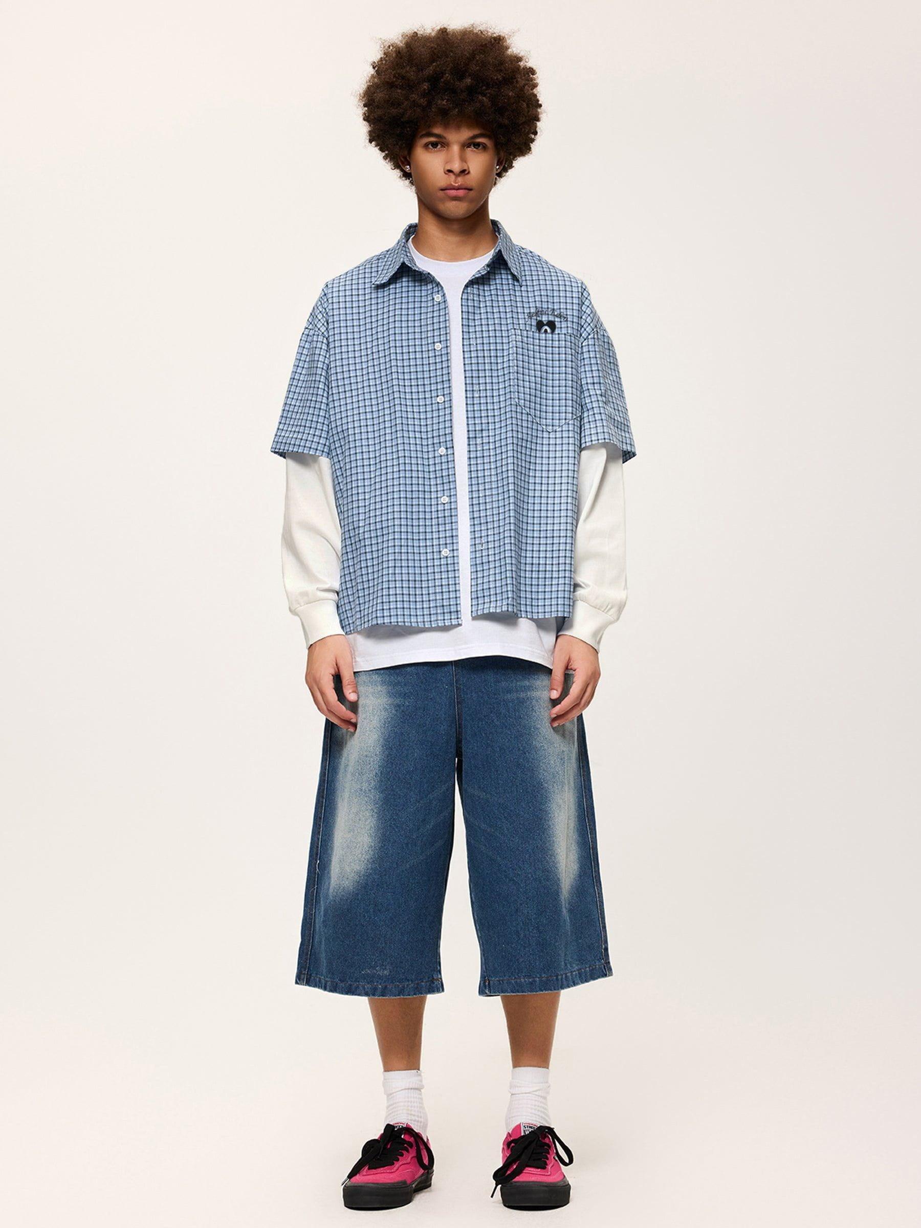 Aelfric Eden Plaid Patchwork Long Sleeve Shirt Product Image