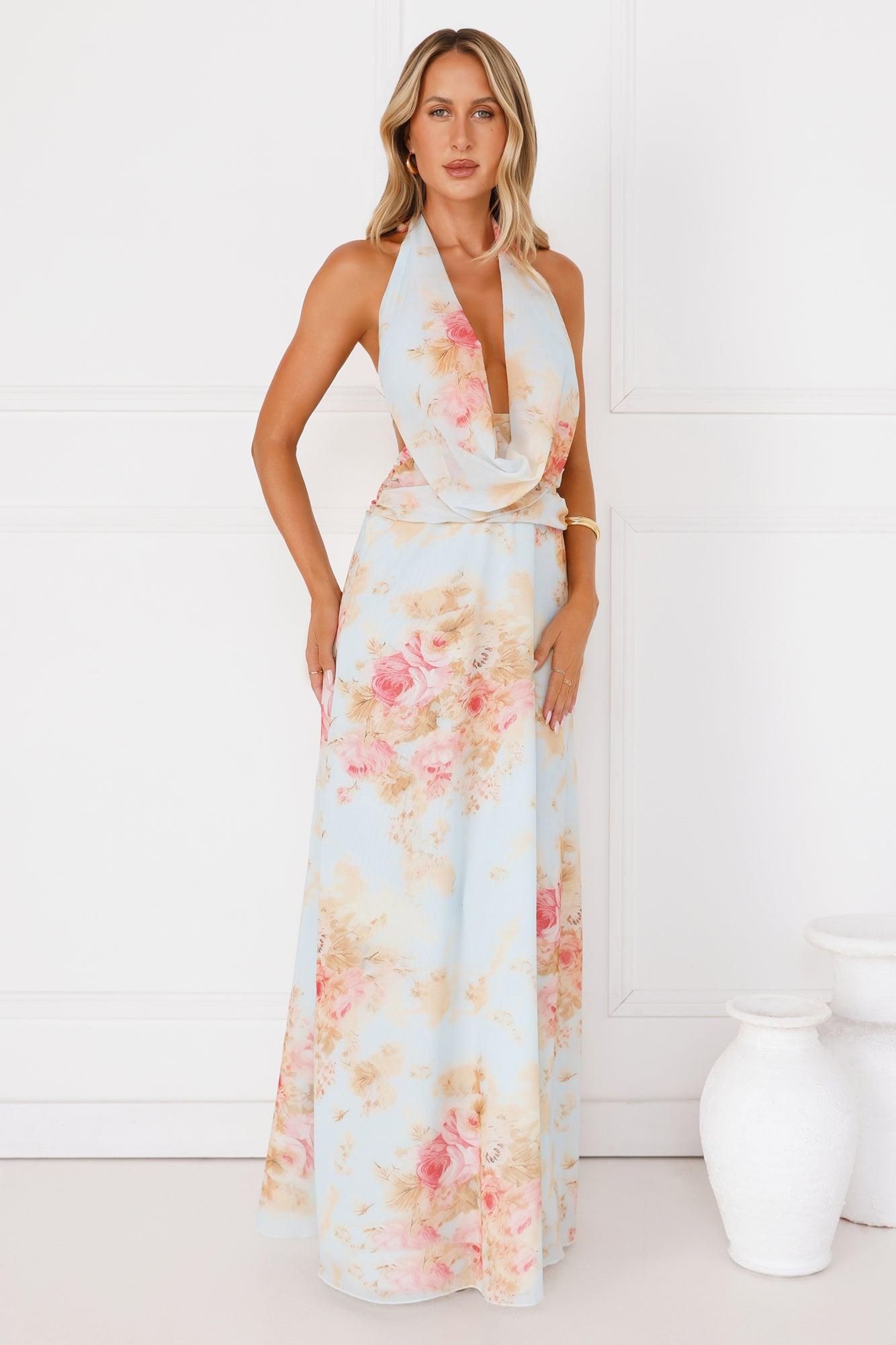 Dreamy Petals Halter Maxi Dress Blue Product Image