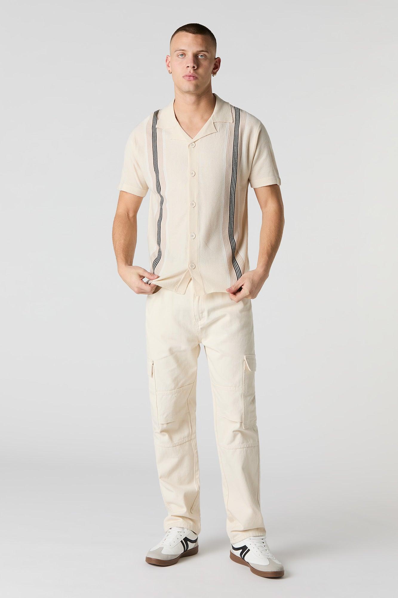 Striped Knit Button Front Short Sleeve Top Male Product Image