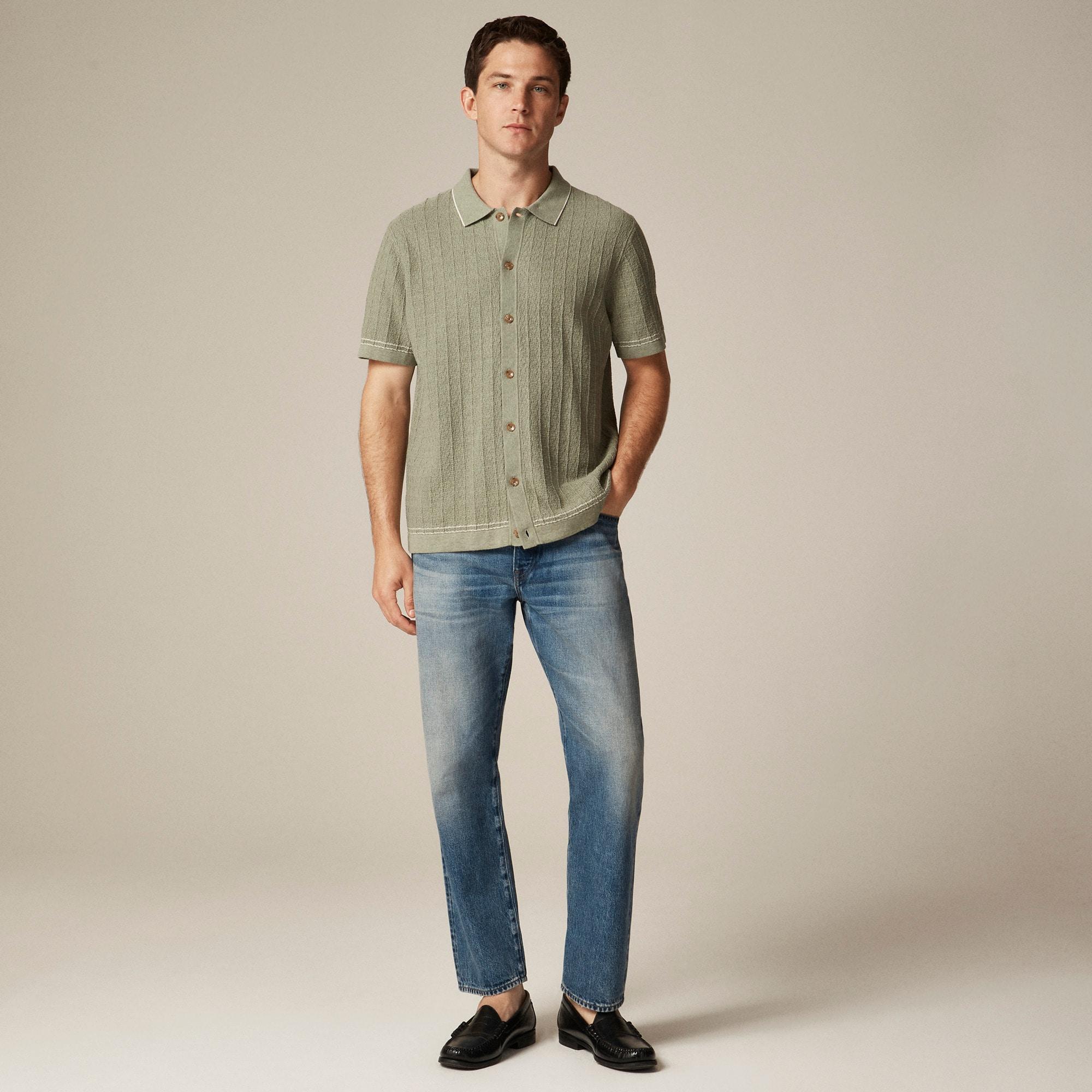 Short-sleeve cotton texture-stitch polo cardigan sweater Product Image