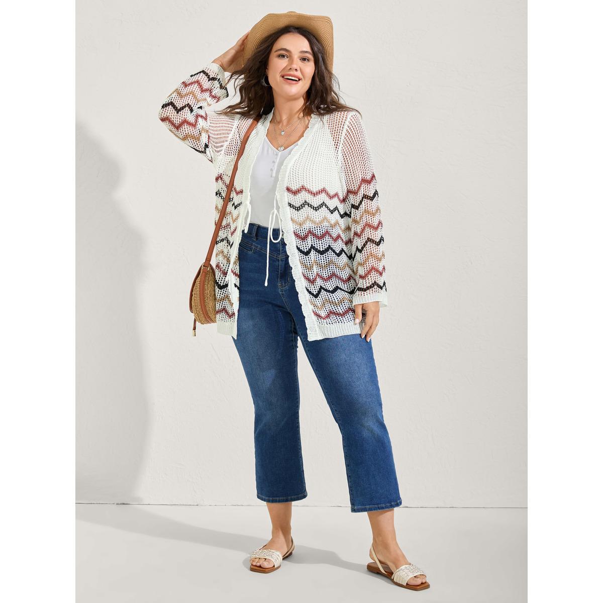 Plus Size Irregular Stripes Front Double Tie Lightweight Cardigan Ivory Women Loose Sleeveless Vacation Cardigans BloomChic 14-16/1X Product Image