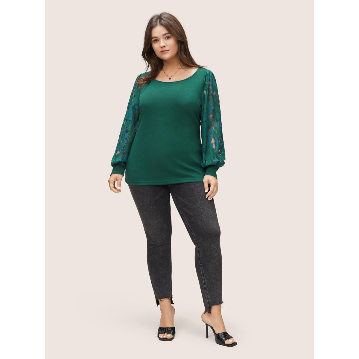 Plus Size Solid Plants Guipure Lace Gathered T-shirt DarkGreen Women Elegant Plain Plain Round Neck Dailywear T-shirts BloomChic 12/L Product Image