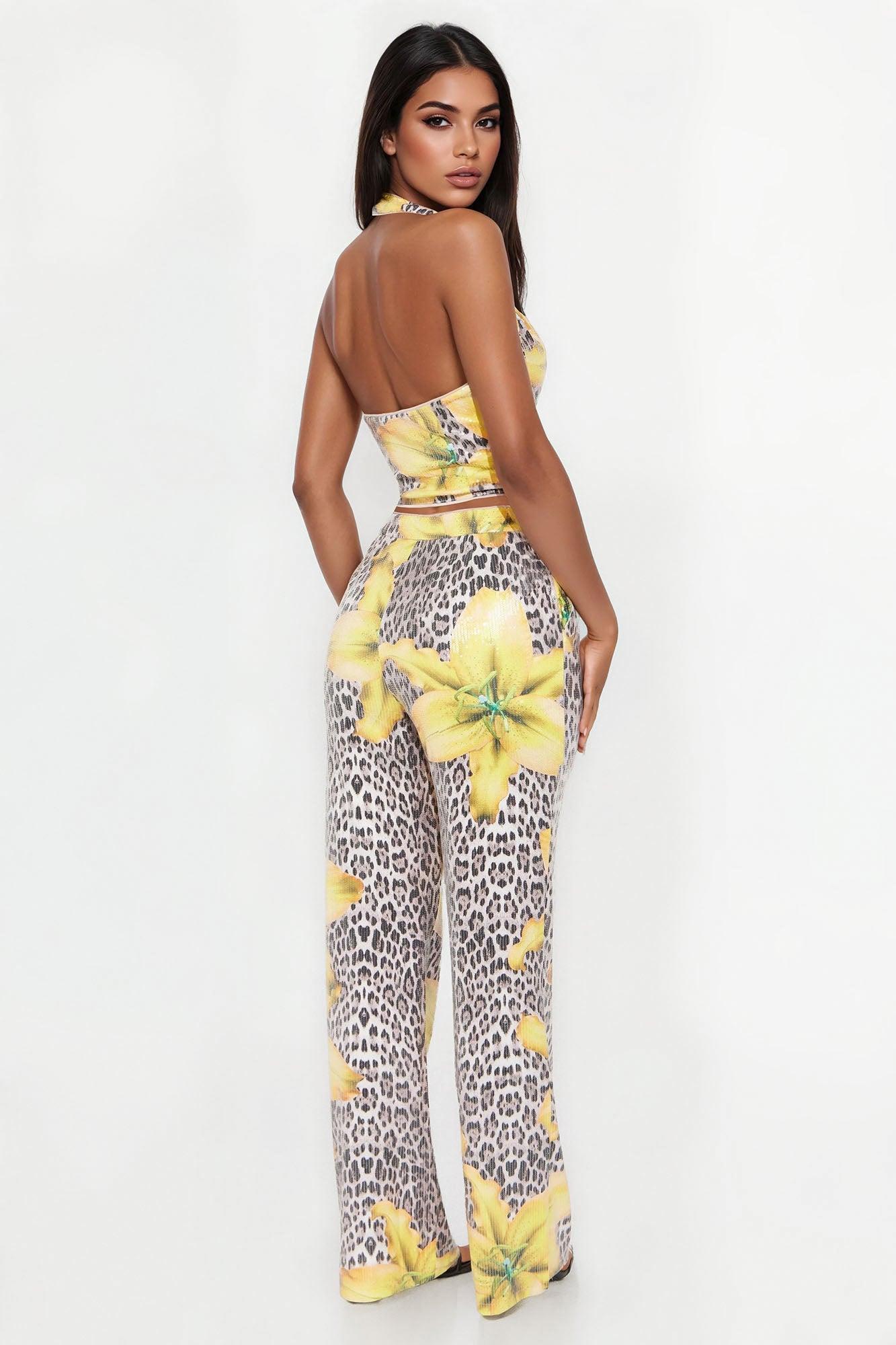 Golden Instincts Sequin Leopard Pant Set - Yellow/combo Product Image
