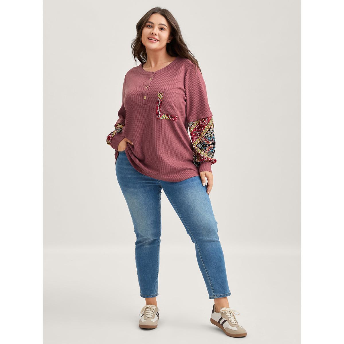 Plus Size Waffle Grid Contrast Paisley Solid Sleeve Sweatshirt Women DustyPink Texture Round Neck Everyday-Casual Sweatshirts BloomChic 26/4X Product Image