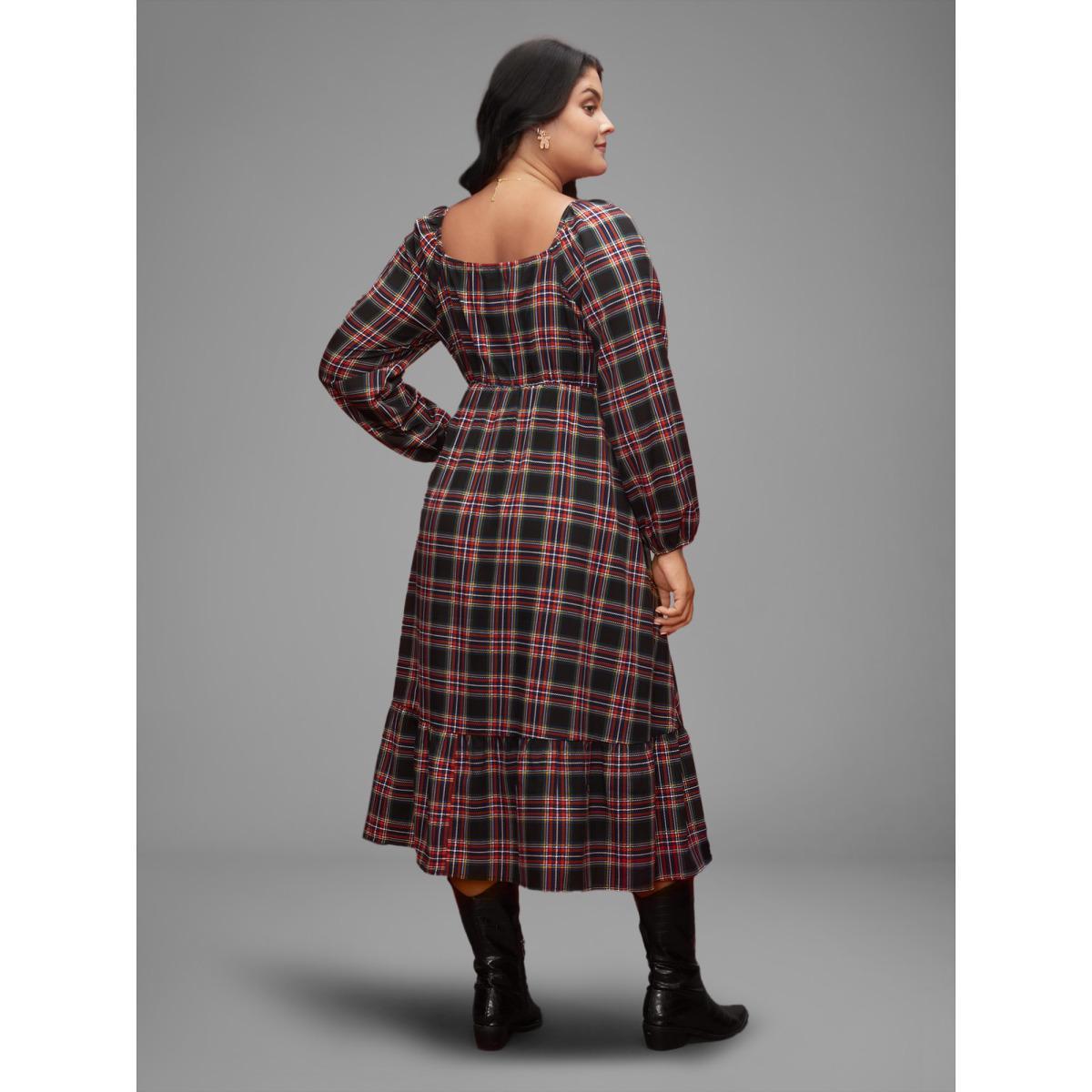 Plus Size Plaid Square Neckline Puffy Sleeve Midi Dress Black Women Elegant Non Square Neck Long Sleeve Curvy BloomChic 26/4X Product Image