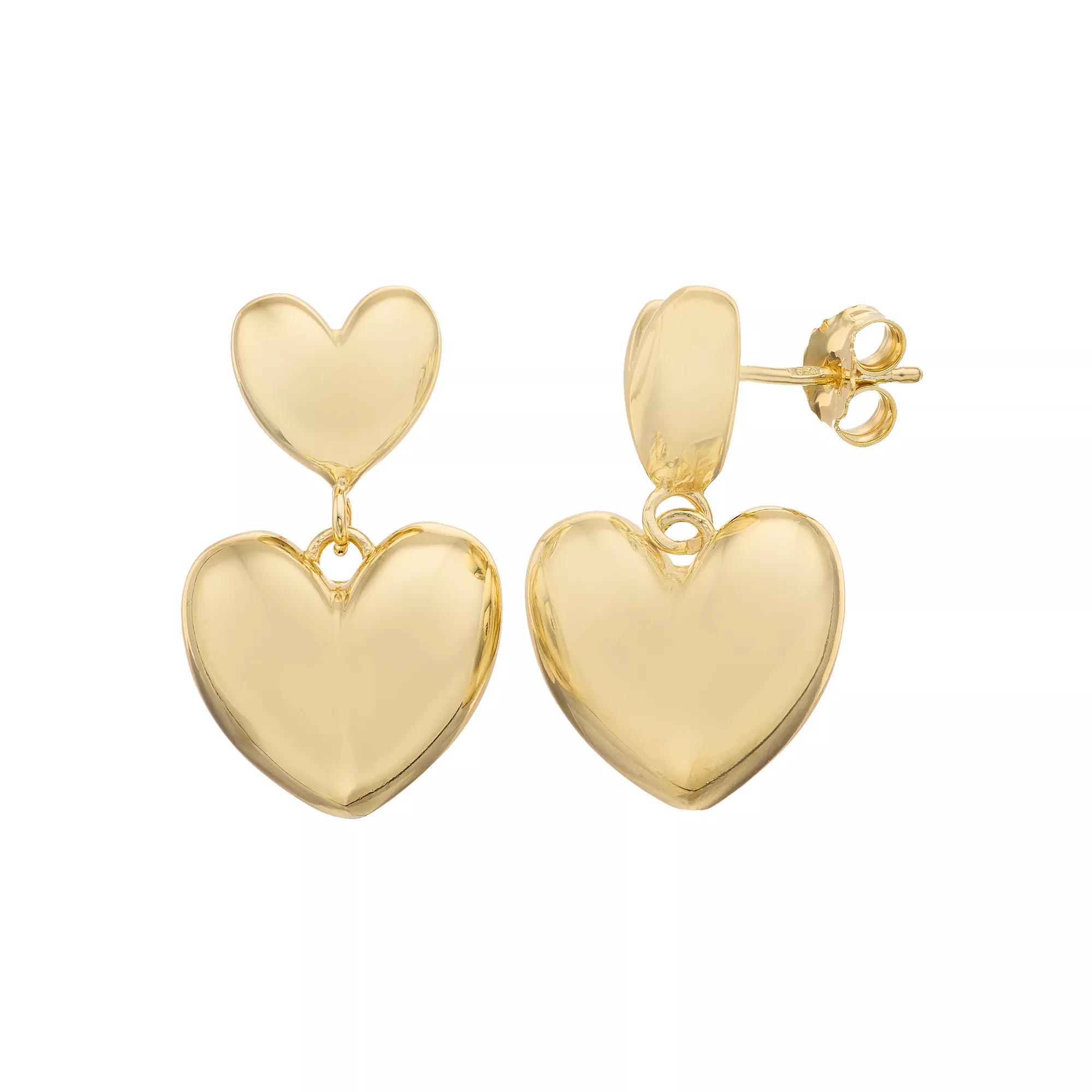 Sterling Silver Gold Tone Puff Heart Drop Earrings, Women's Product Image