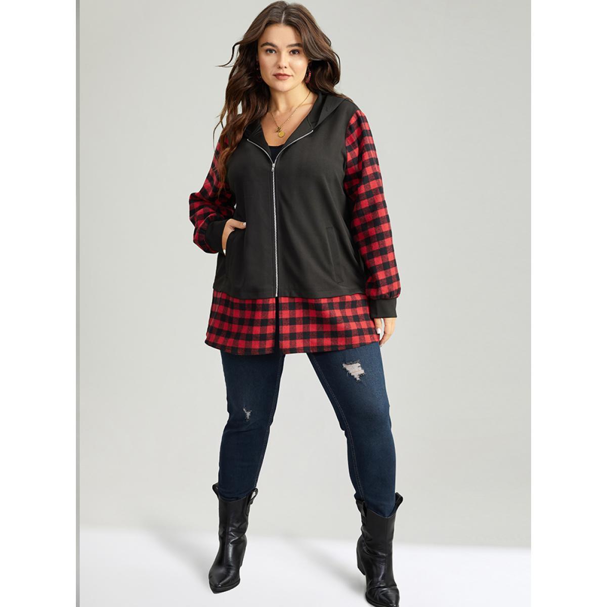 Plus Size Gingham Patchwork Hooded Zipper Contrast Coat Women Red Contrast Pocket Dailywear Jackets BloomChic 10/M Product Image