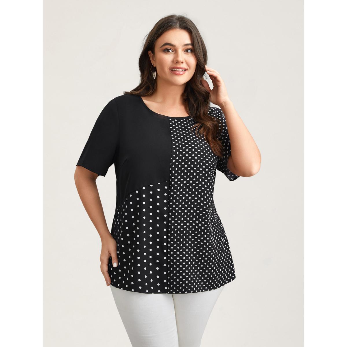 Plus Size Black Polka Dot Panelled A-Line Shirt Women Elegant Short sleeve Round Neck Everyday Blouses BloomChic 26/4X Product Image