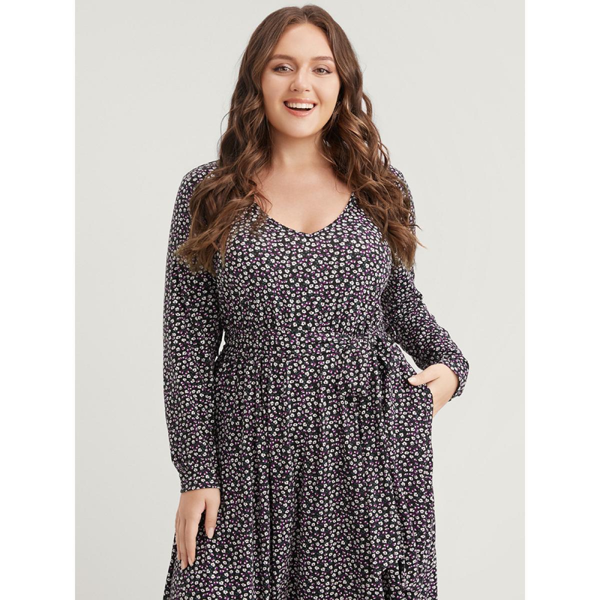 Plus Size Ditsy Floral Pocket Pocket Belted Asymmetrical Hem Dress Midnight Women Elegant V-neck Long Sleeve Curvy Midi Dress BloomChic 30/6X Product Image