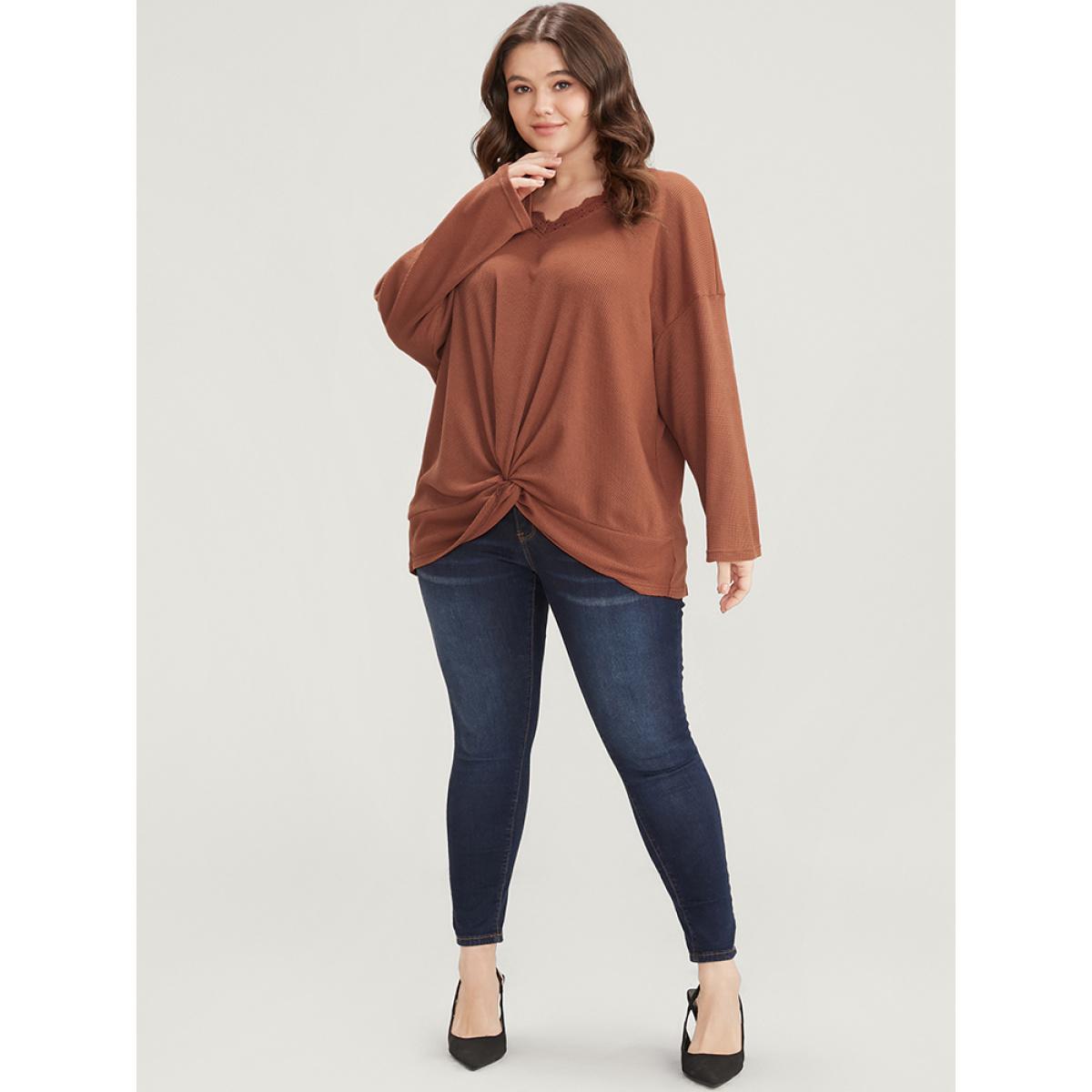 Plus Size Solid V Neck Lace Trim Twist Front Sweatshirt Women Rust Elegant Twist-front V-neck Dailywear Sweatshirts BloomChic 28/5X Product Image