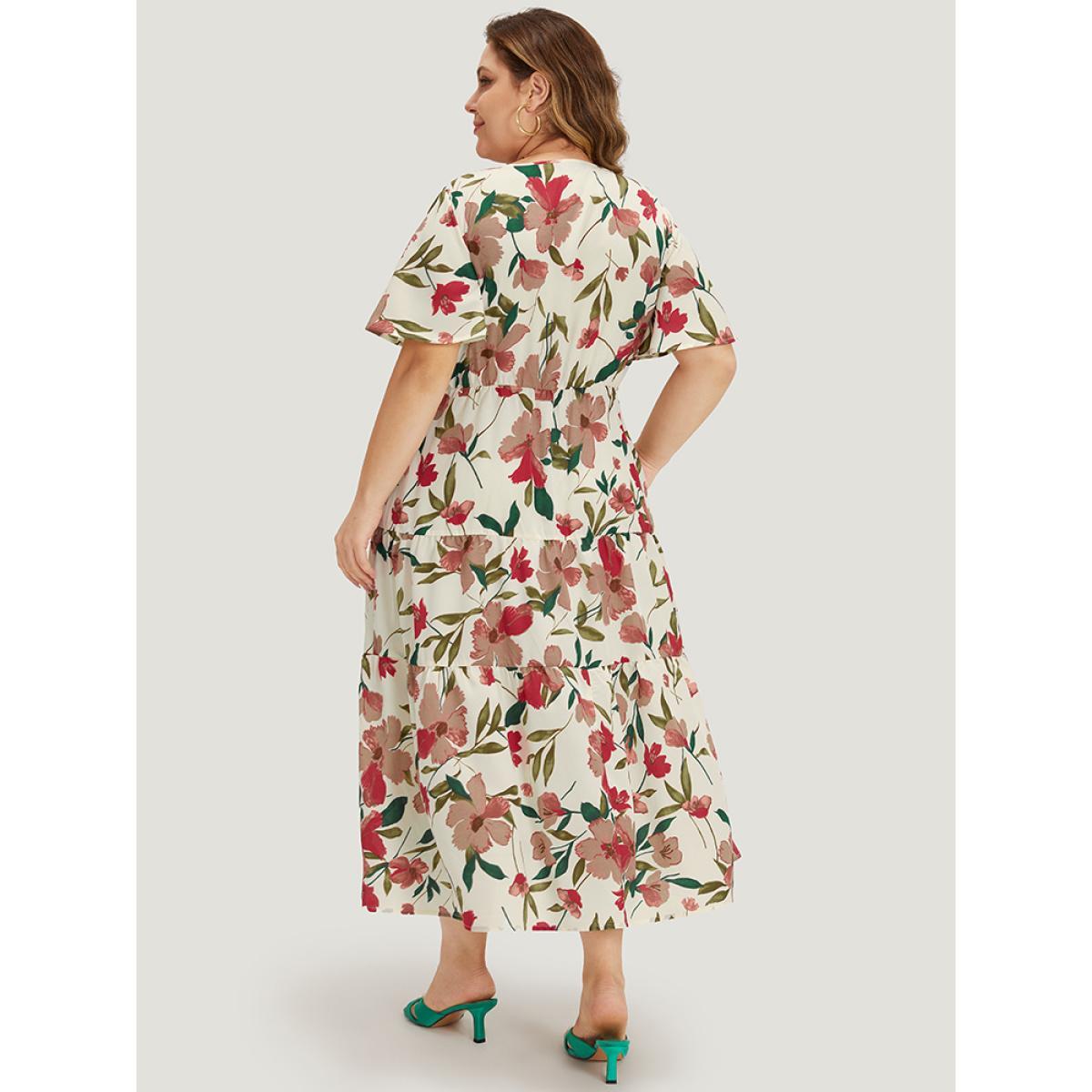 Plus Size Floral Print Pocket Frill Trim Ruffle Layered Hem Dress Apricot Women Elegant Gathered V-neck Short sleeve Curvy Midi Dress BloomChic 14-16/1X Product Image
