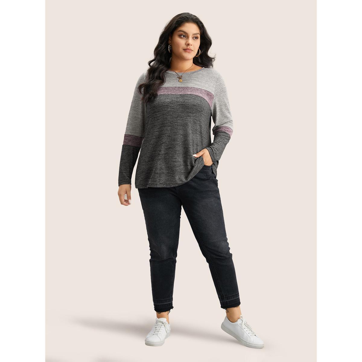 Plus Size Heather Colorblock Contrast Crew Neck T-shirt Multicolor Women Casual Texture Plain Round Neck Everyday T-shirts BloomChic 12/L Product Image