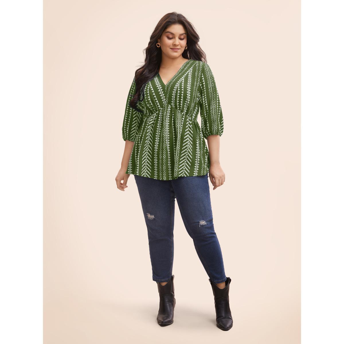 Plus Size ArmyGreen Bandana Geometric Lantern Sleeve Gathered Blouse Women Resort Elbow-length sleeve V-neck Vacation Blouses BloomChic 14-16/1X Product Image