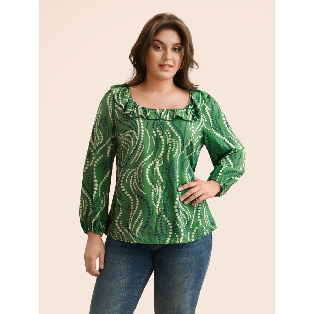 Plus Size Moss Polka Dot Ruffles Button Detail Blouse Women Elegant Long Sleeve Square Neck Everyday Blouses BloomChic 18-20/2X Product Image