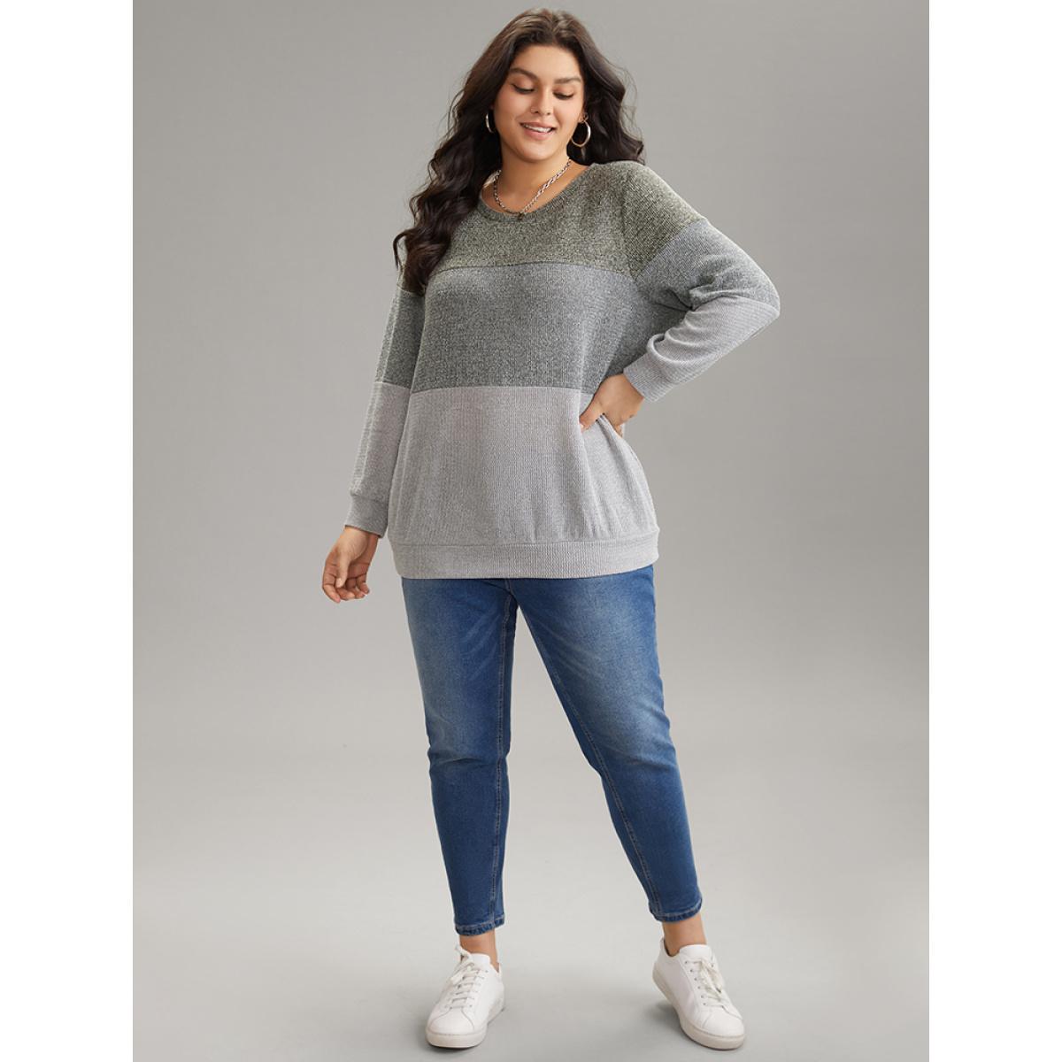 Plus Size Heather Colorblock Contrast Knit Sweatshirt Women Multicolor Casual Heather Round Neck Dailywear Sweatshirts BloomChic 22-24/3X Product Image