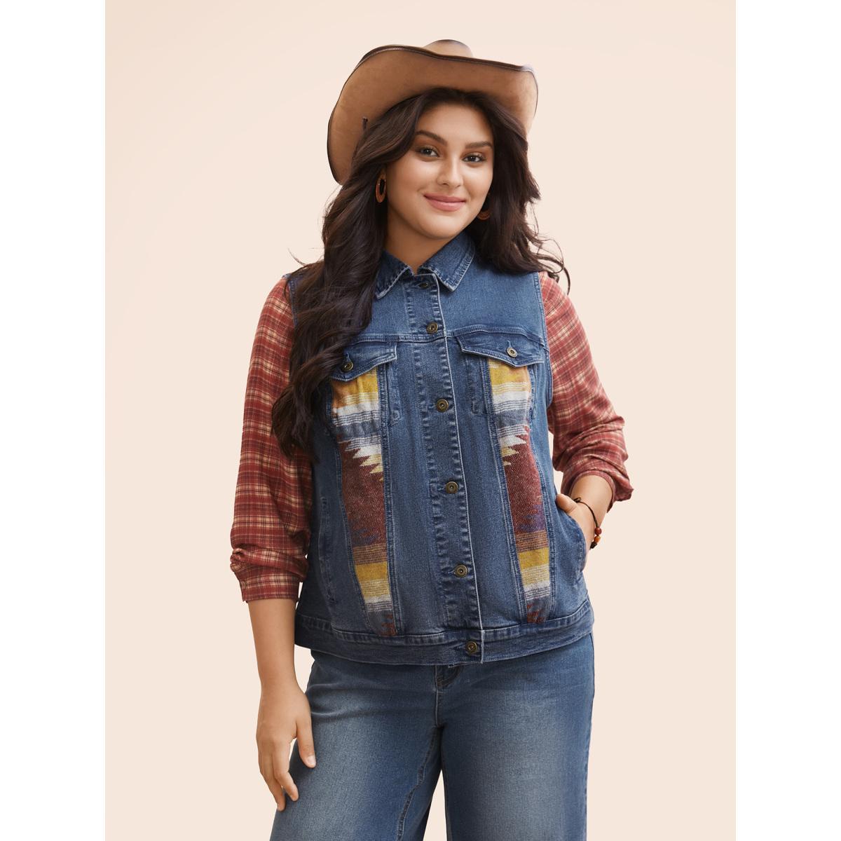 Women Stretch Denim Geometric Spilcing Pocket Jacket Midblue Plus Size Contrast Everyday Slanted pocket Elegant Denim Jackets BloomChic 26/4X Product Image