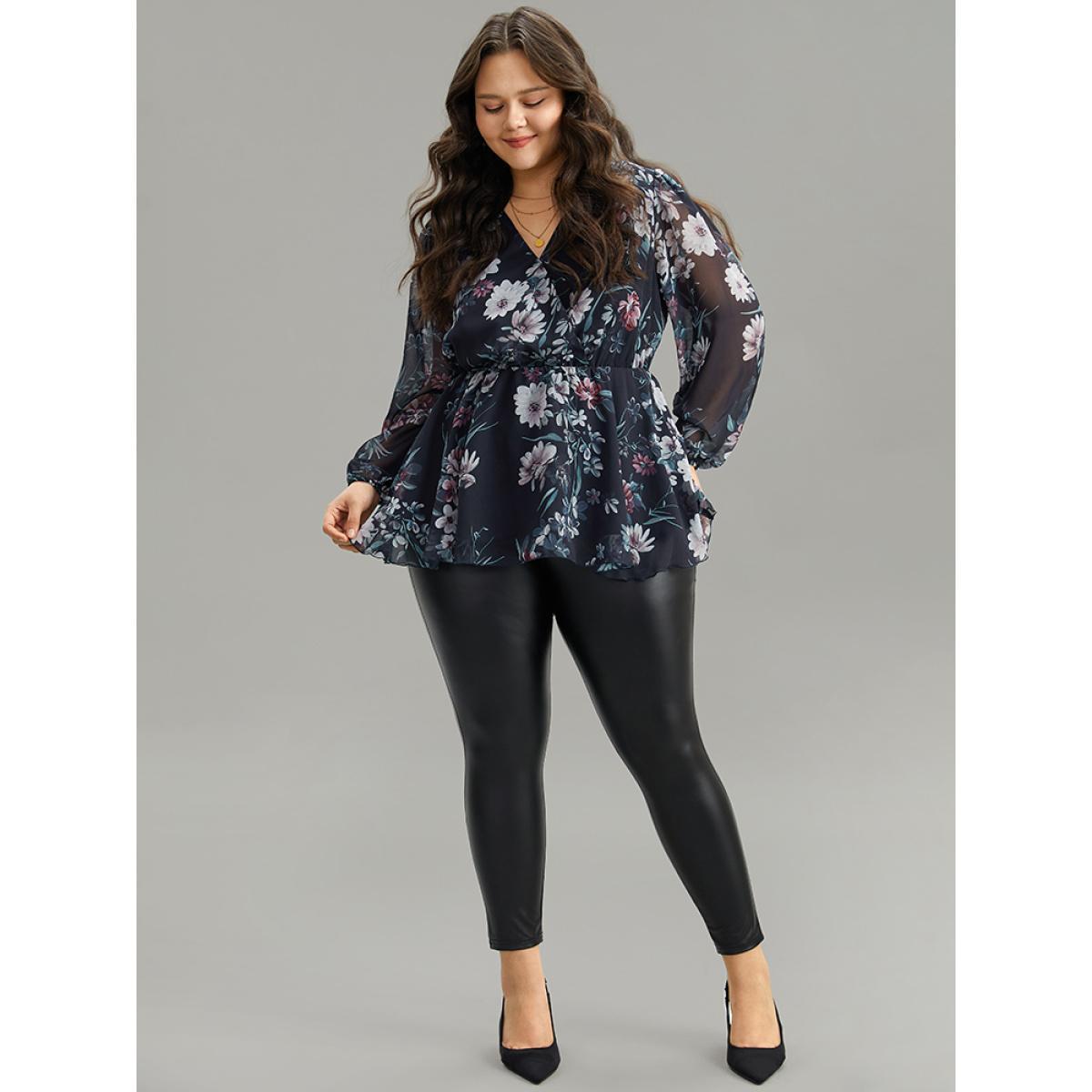 Plus Size Indigo Floral Print Elastic Waist Mesh Wrap Gathered Blouse Women Elegant Long Sleeve V-neck Dailywear Blouses BloomChic 14-16/1X Product Image