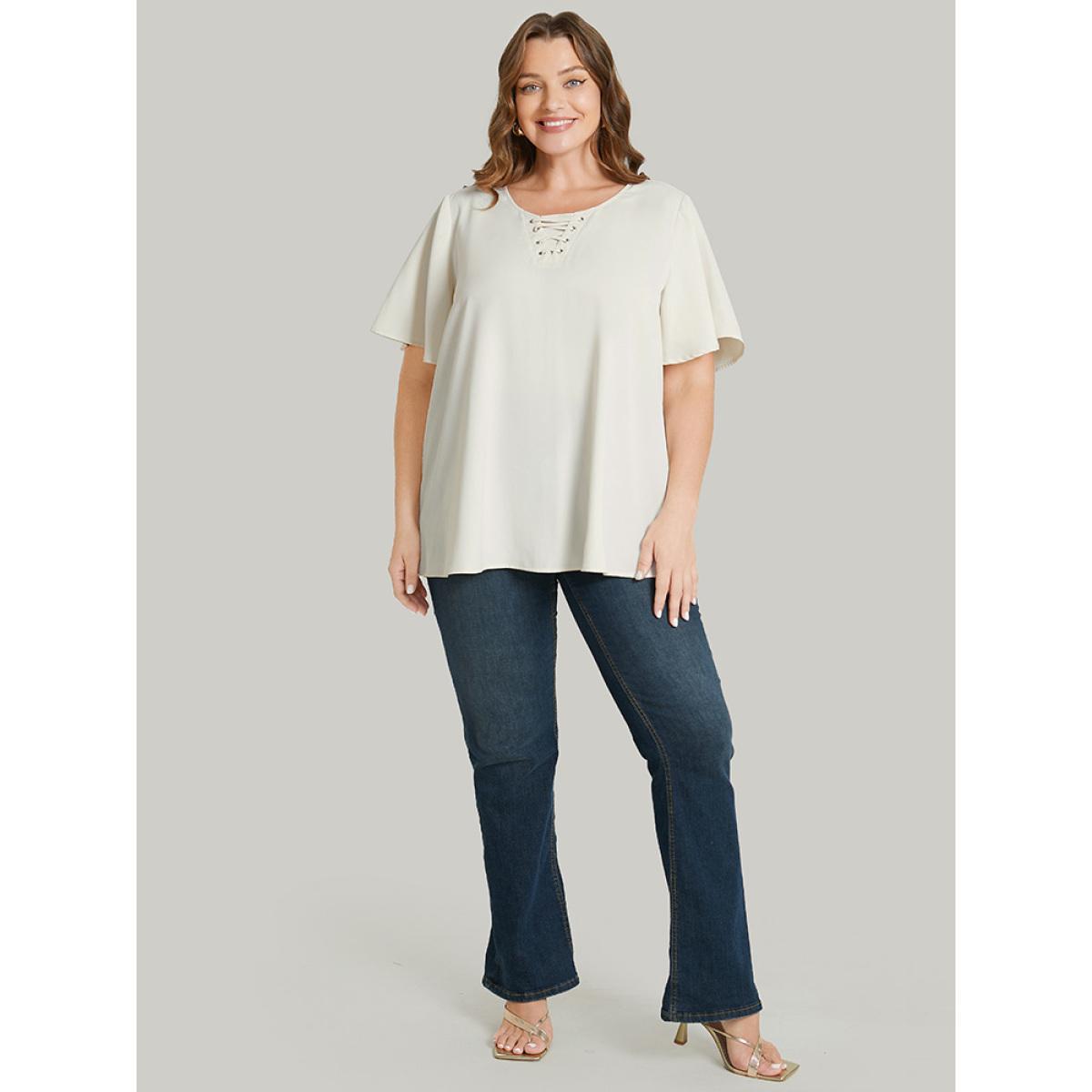 Plus Size Ivory Solid Ruffle Sleeve Crisscross Neck Blouse Women Office Short sleeve Round Neck Work Blouses BloomChic 28/5X Product Image