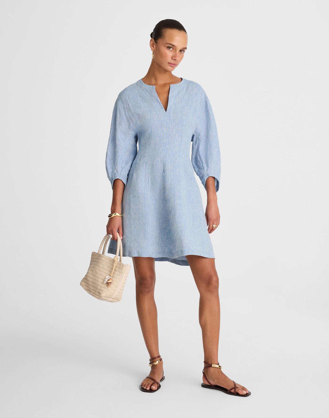 Splitneck Mini Dress in 100% Linen Product Image