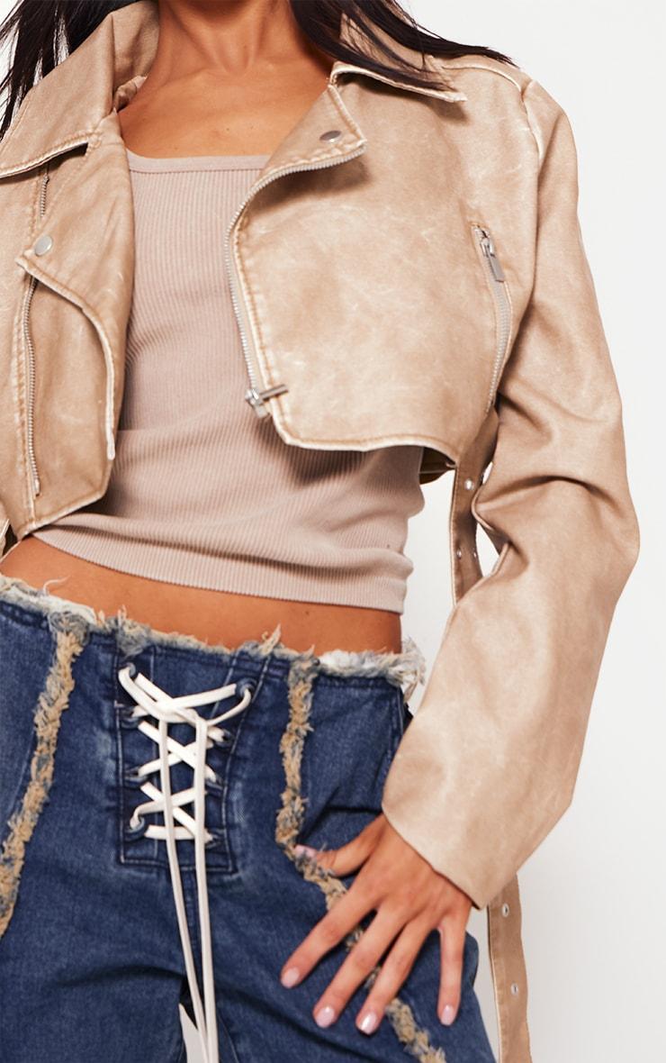 Petite Stone Faux Leather Super Cropped Belted Biker Jacket Product Image