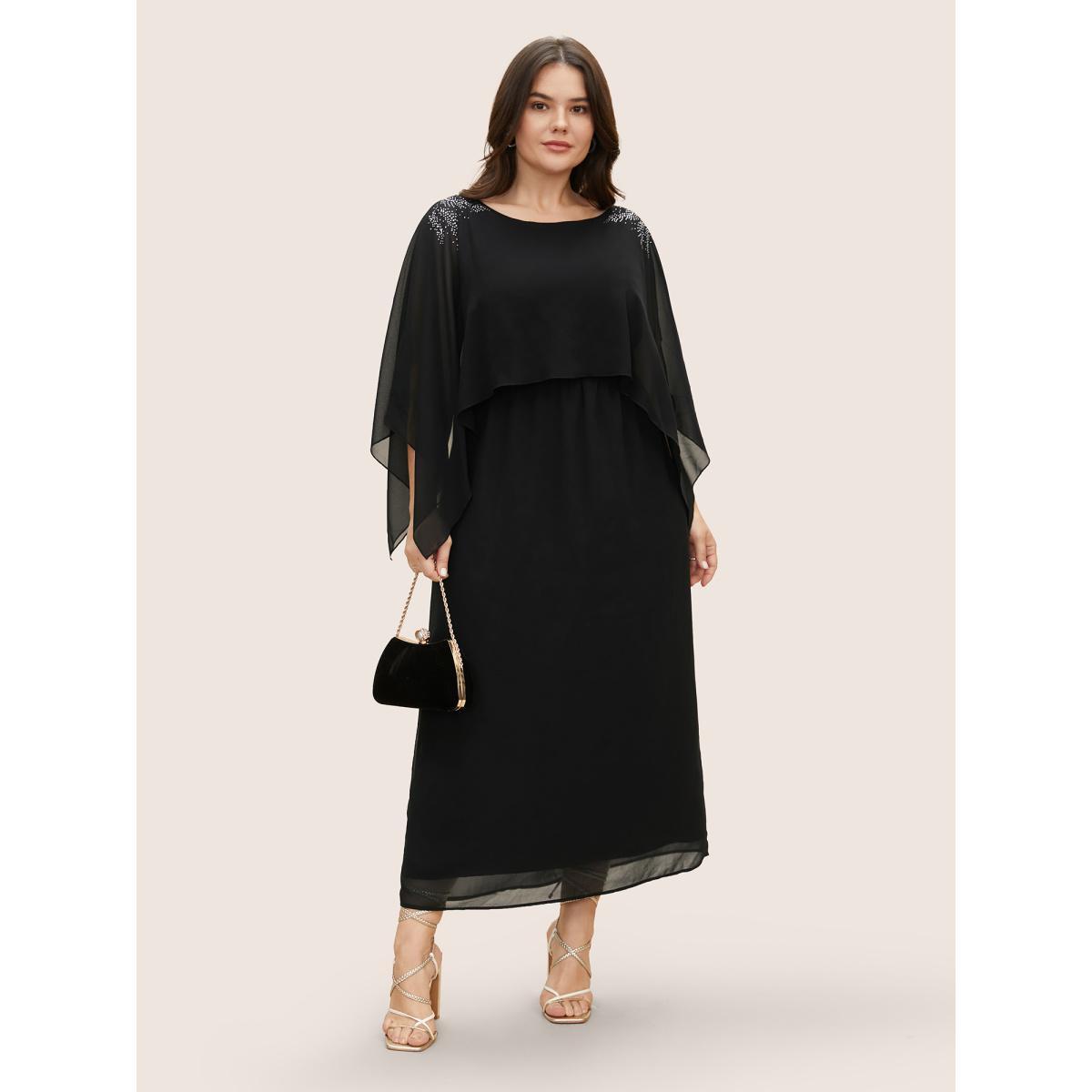 Plus Size Boat Neck Rhinestone Detail Dolman Sleeve Maxi Dress Black Women Cocktail Rhinestone detailing Boat Neck Long Sleeve Curvy BloomChic 10/M Product Image