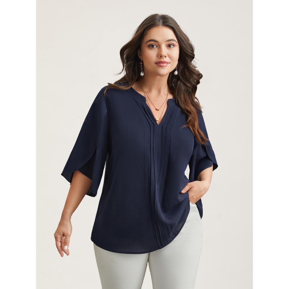 Plus Size Indigo Petal Sleeve Toothpick Pleats Shirt Women At the Office Elbow-length sleeve Notched collar Work Blouses BloomChic 14-16/1X Product Image