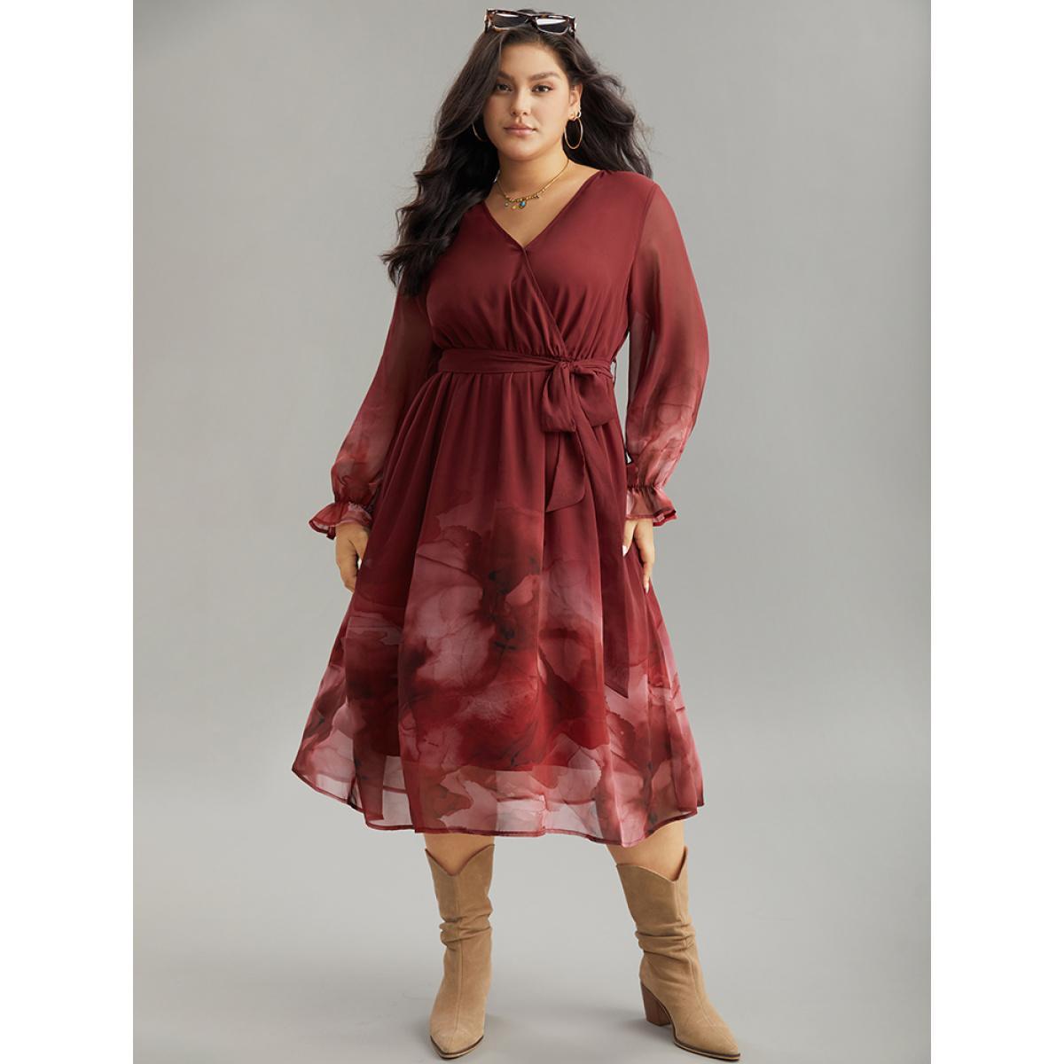 Plus Size Floral Mesh V Neck Belted Dress Scarlet Women Vacation Wrap Overlap Collar Long Sleeve Curvy Midi Dress BloomChic 26/4X Product Image