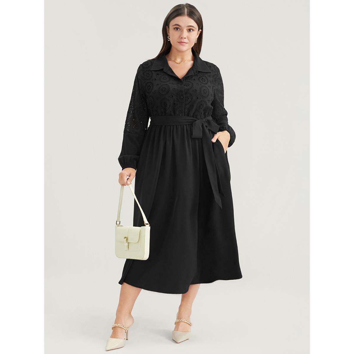 Plus Size Solid Pocket Button Detail Eyelet Lace Belted Dress Burgundy Women Casual Patchwork Shirt collar Long Sleeve Curvy Midi Dress BloomChic 10/M Product Image