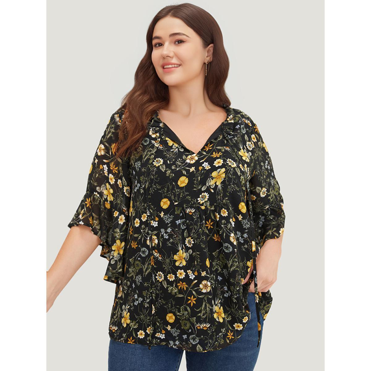 Plus Size Black Floral Tie Neck Frill Trim Bell Sleeve Blouse Women Elegant Half Sleeve Tie Neck Dailywear Blouses BloomChic 22-24/3X Product Image