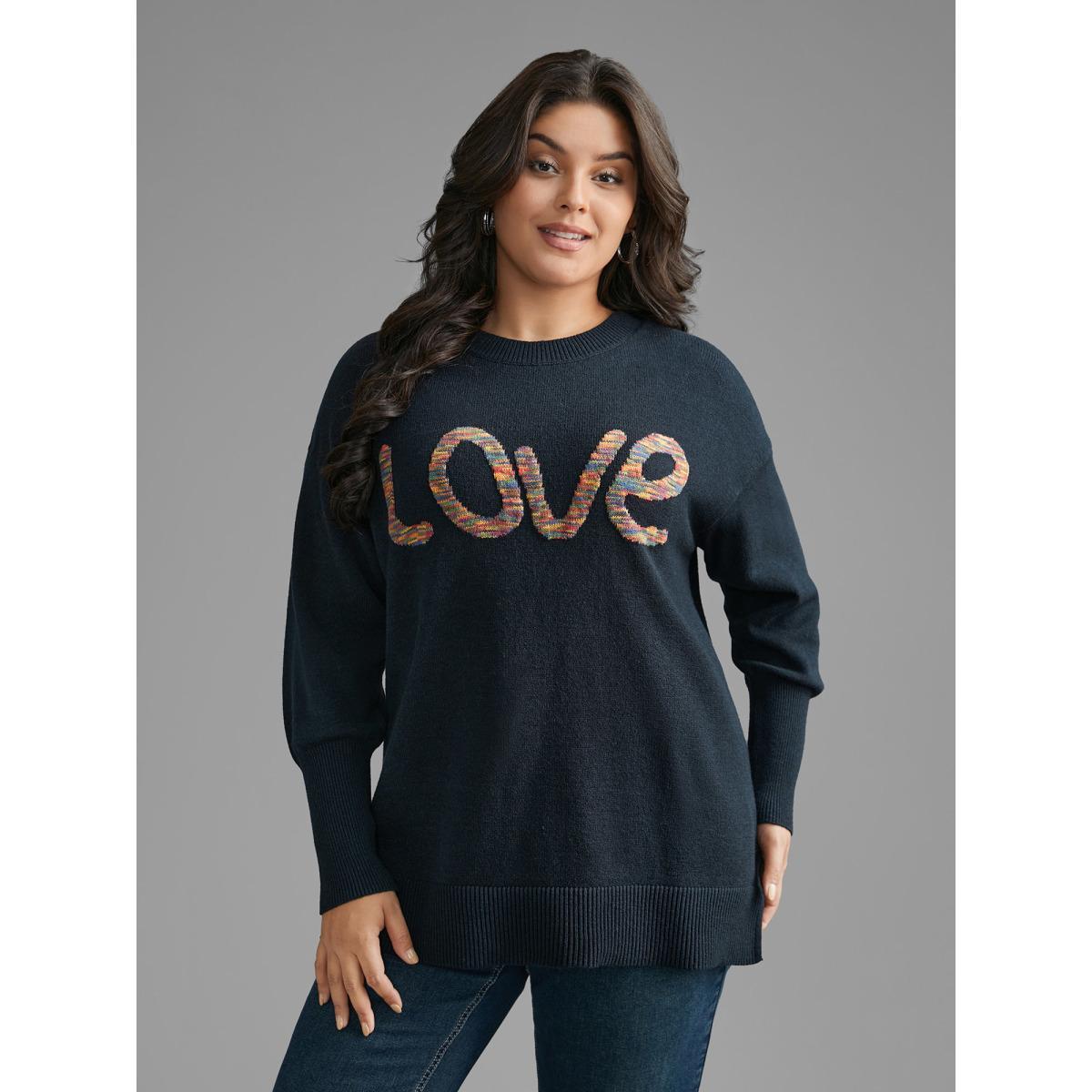 Plus Size Supersoft Essentials Love Pattern Heather Pullover Indigo Women Casual Loose Long Sleeve Round Neck Everyday Pullovers BloomChic 12/L Product Image