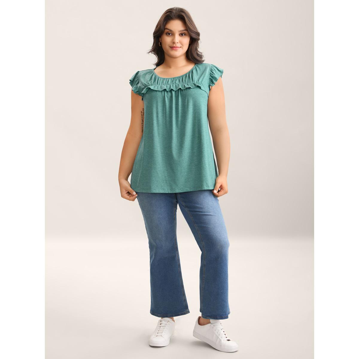 Plus Size Pleated Neckline Flutter Sleeve Tank Top Women Emerald Gathered Round Neck Everyday-Casual Tank Tops Camis BloomChic 28/5X Product Image