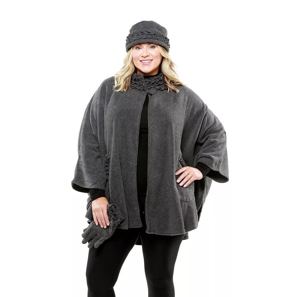 Women's Linda Anderson Le Moda Ruffle Trim Fleece Cape, Glove, & Hat Set, Grey Product Image