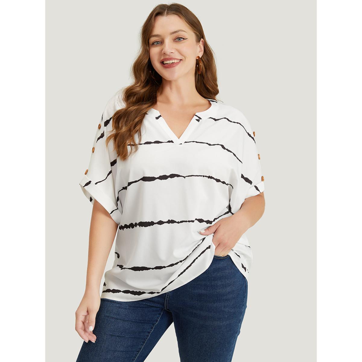 Plus Size White Tie Dye Notched Button Detail Roll Dolman Sleeve Striped Blouse Women Work From Home Short sleeve Notched collar Work Blouses BloomChic 22-24/3X Product Image
