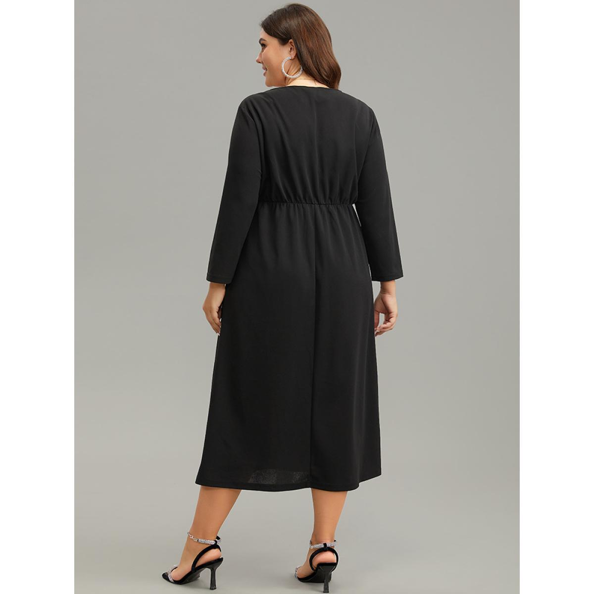 Plus Size Plain Notched Elastic Waist Split Hem Dress Black Women Glamour Plain Notched collar Long Sleeve Curvy Midi Dress BloomChic 22-24/3X Product Image
