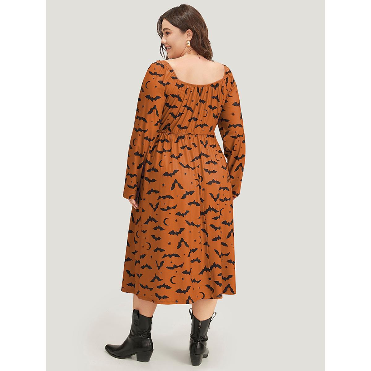 Plus Size Halloween Bat Print Pocket Square Neck Dress Rust Women Casual Gathered Square Neck Long Sleeve Curvy Midi Dress BloomChic 10/M Product Image