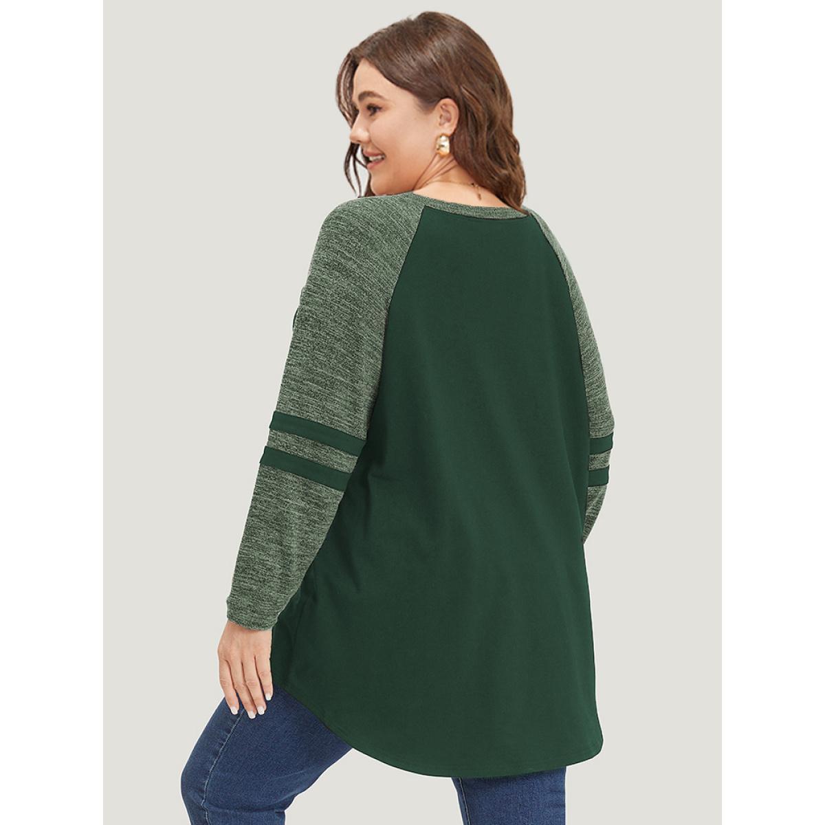 Plus Size Striped Contrast Pocket Raglan Sleeve High Low Hem Sweatshirt Women Indigo Casual Contrast Round Neck Everyday Sweatshirts BloomChic 22-24/3X Product Image