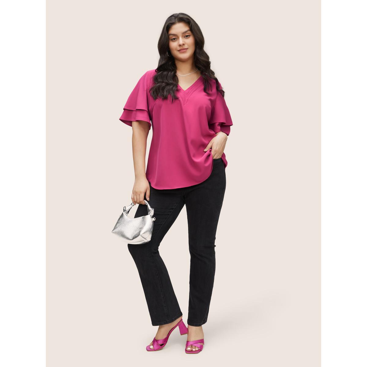 Plus Size RedViolet Anti-Wrinkle Pleated Tiered Flutter Sleeve Blouse Women Office Short sleeve V-neck Work Blouses BloomChic 12/L Product Image