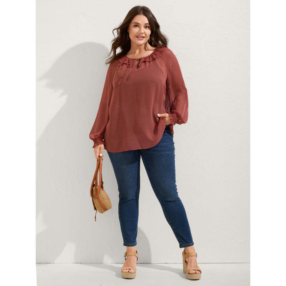Plus Size Rust Sheer Ruffled Neck Flowy Solid Blouse Women Extra Long Sleeve Notched collar Vacation Blouses BloomChic 14-16/1X Product Image