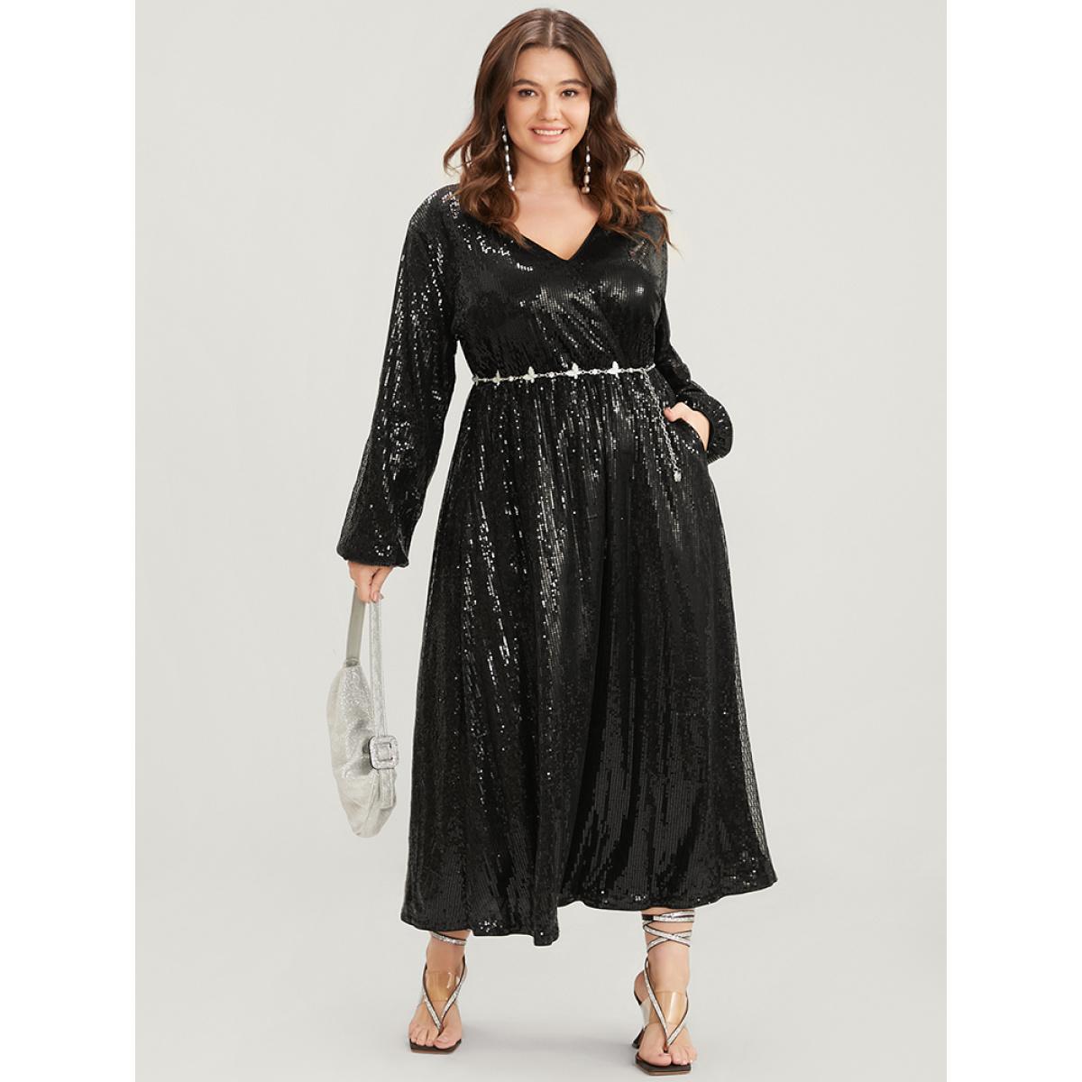 Plus Size Solid Lantern Sleeve Pocket Wrap Sequin Maxi Dress Black Women Party Elastic Waist V-neck Long Sleeve Curvy Long Dress BloomChic 18-20/2X Product Image