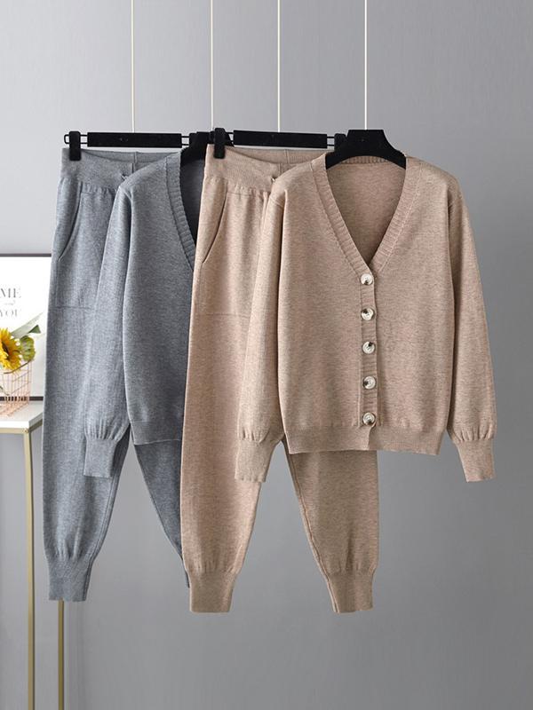 Casual Loose Solid Color V-Neck Cardigan Tops & Harem Pants Two Pieces Set Product Image