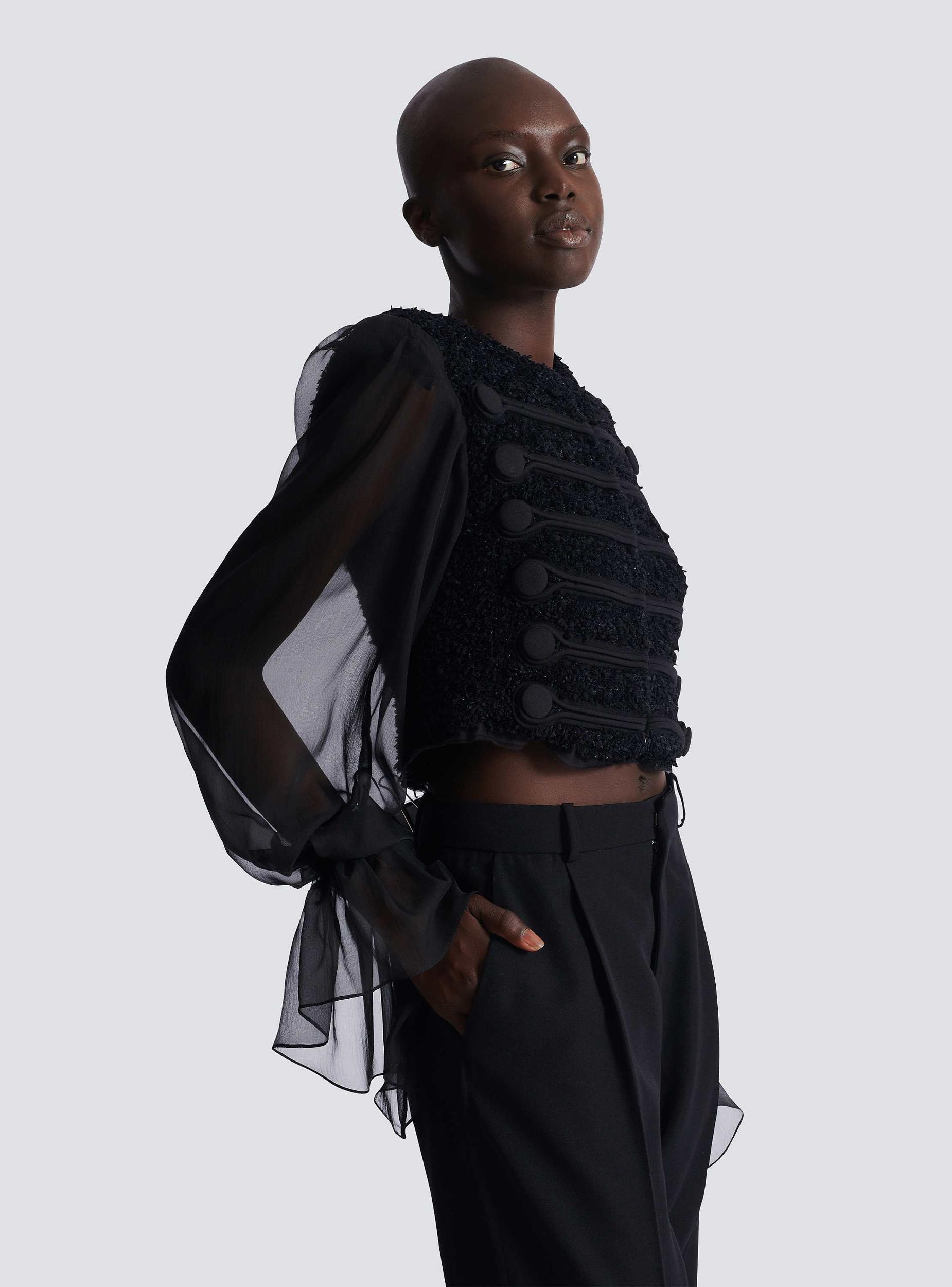 Edge-to-edge tweed and chiffon jacket  Product Image