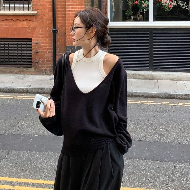 Set: V-Neck Plain Sweater + Crew Neck Tank Top Product Image