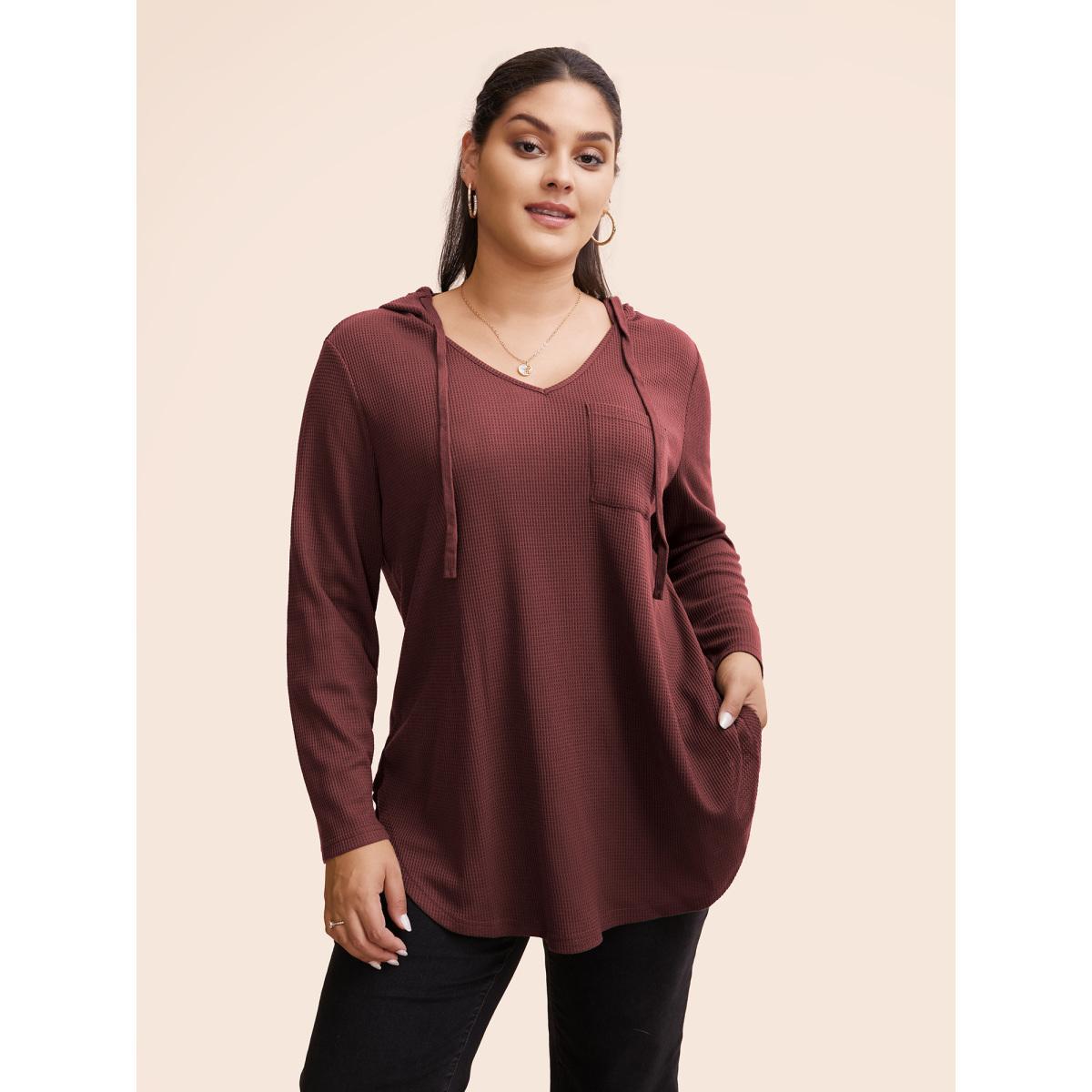 Plus Size Waffle Knit Pocket Hooded Drawstring Arc Hem T-shirt Teal Women Casual Texture Plain Hooded Everyday T-shirts BloomChic 14-16/1X Product Image