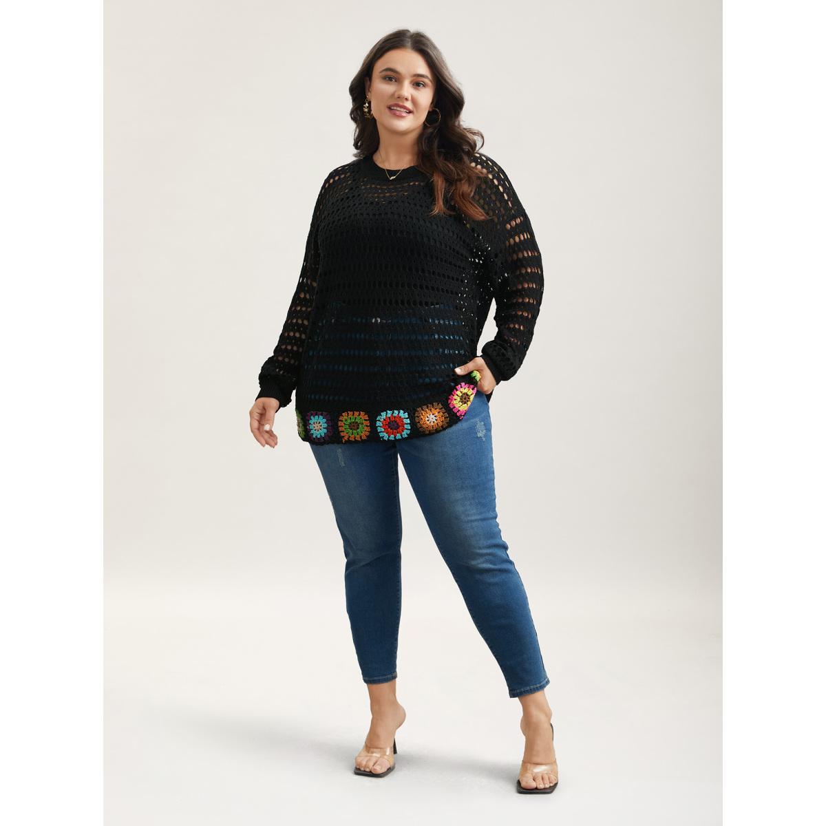 Plus Size Hand Crochet Floral Cut-Out Pullover Black Women Casual Long Sleeve Round Neck Everyday Pullovers BloomChic 22-24/3X Product Image