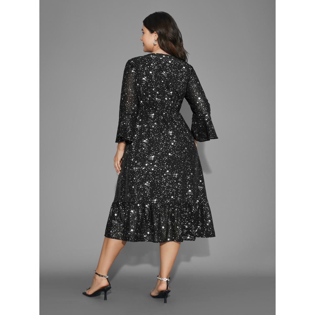 Plus Size Glitter Star Flutter Sleeve Chiffon Dress Black Women Cocktail Gathered Knit Dresses Bloomchic 18-20/2X Product Image