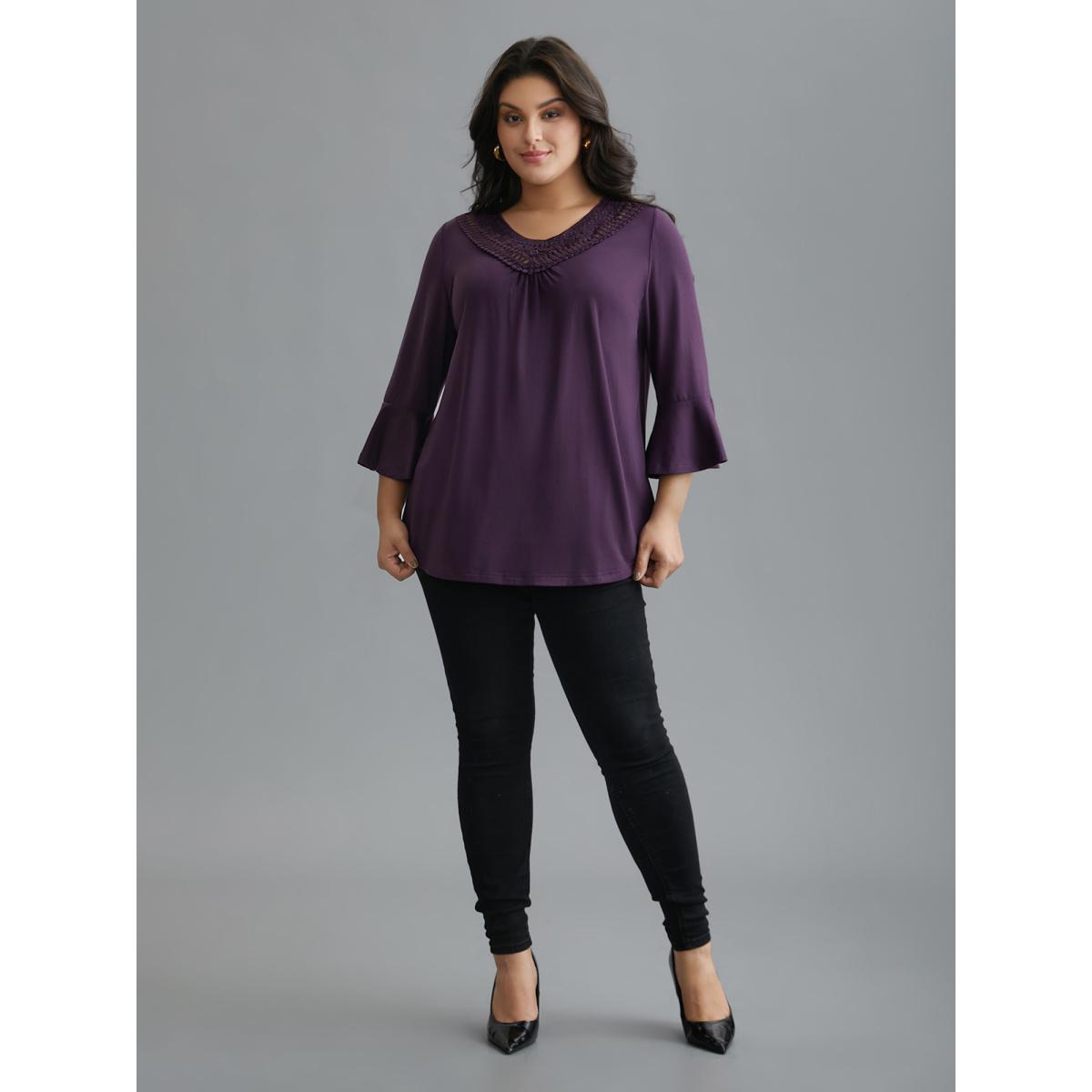 Plus Size Lace Neckline Trim Ruffle Sleeve T-shirt Eggplant Women Elegant Gathered Round Neck Loose Everyday T-shirts BloomChic 22-24/3X Product Image