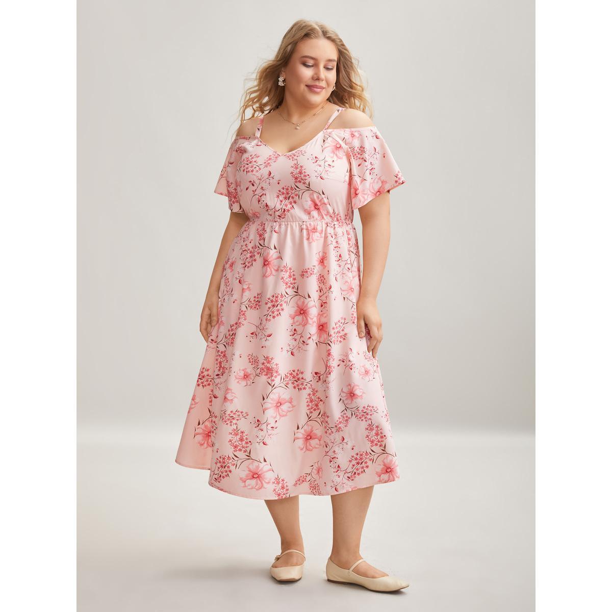Plus Size Floral Print Cold-Shoulder Pockets Midi Dress Lightpink Women Elegant Non Heart neckline Short sleeve Curvy BloomChic 18-20/2X Product Image