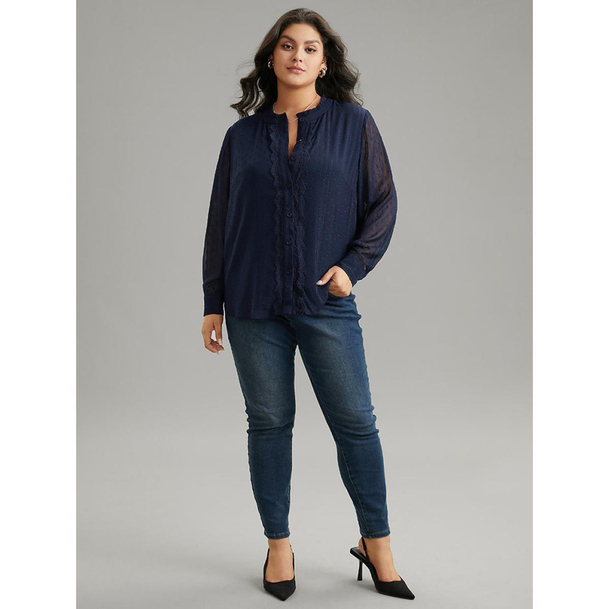 Plus Size Indigo Guipure Lace Mesh Button Through Blouse Women Elegant Long Sleeve Stand-up collar Dailywear Blouses BloomChic 28/5X Product Image